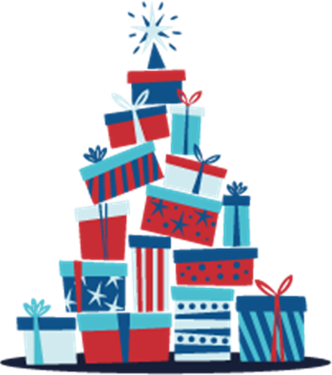 Presents staked to make the shape of a Christmas tree 