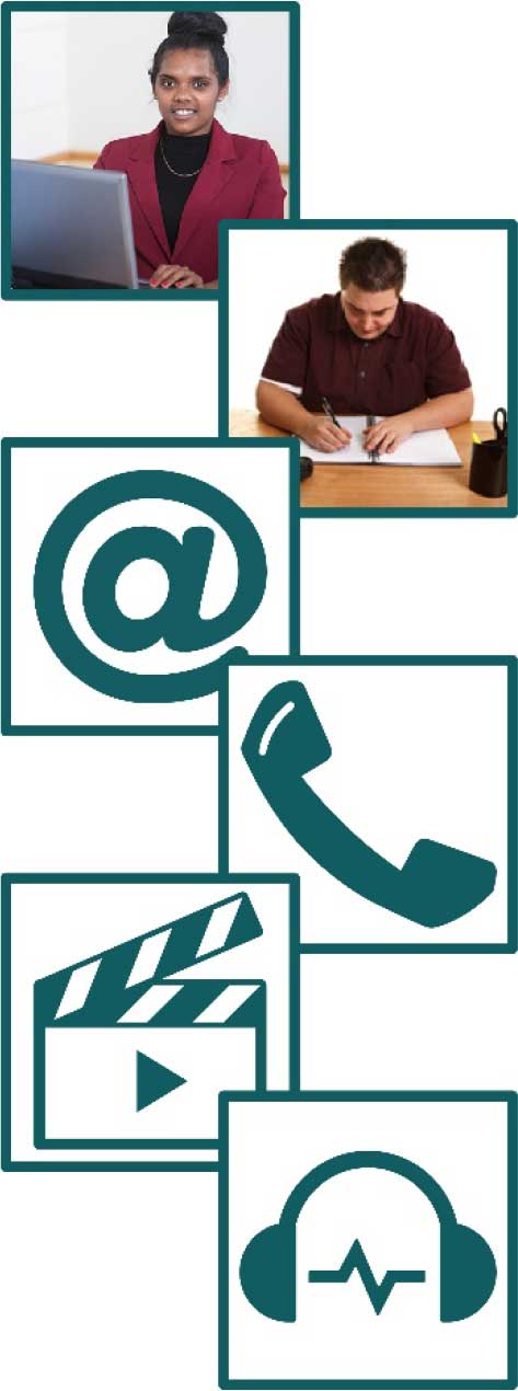 a montage of icons showing submission mediums and people writing their submissions
