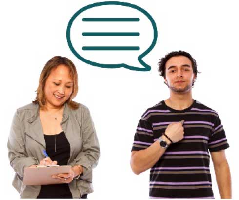 man pointing to himself with speech bubble over his head with woman smiling and taking notes