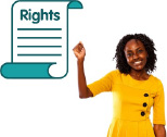 smiling young woman with hand up and a icon of a page with a heading Rights  