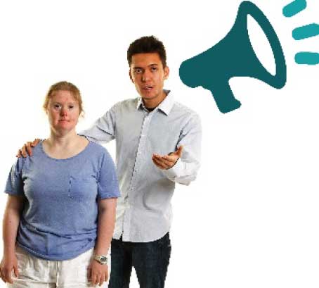Man with his arm on woman with disabilities shoulder with icon of mega phone