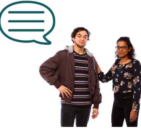 man standing with hand on hip with a woman who's hand is on his shoulder with a speech bubble
